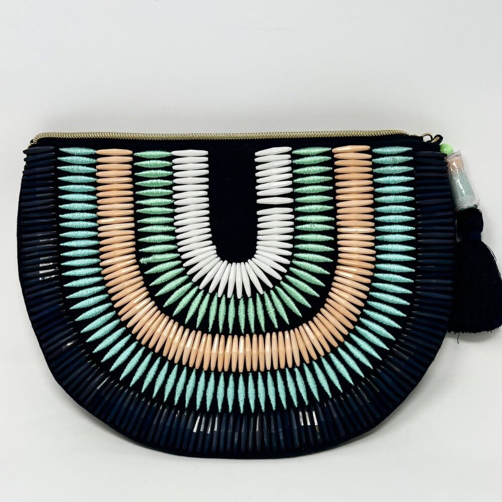Stella & Dot Purse Beaded Embroidered Clutch Handbag Half Circle Dark Navy